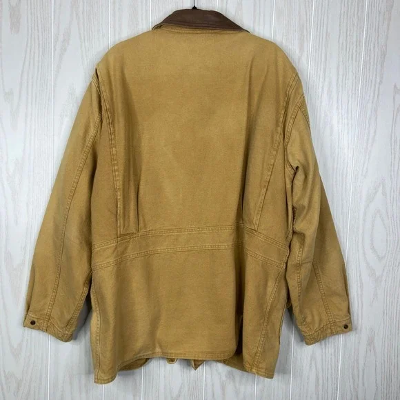 Woolrich Mens VTG Chore Jacket Tan Canvas Leather Collar Striped Lined L - Picture 7 of 9